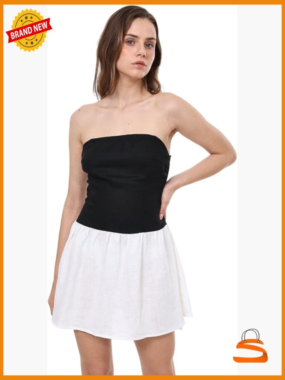 100% Linen Colorblock Patchwork Sleeveless Mini Tube Dress